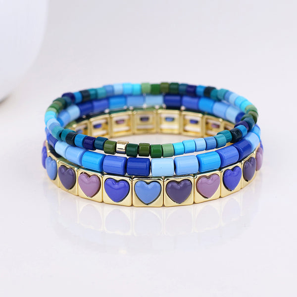 Peace of Mind Blue mix triple bracelet stack with hearts