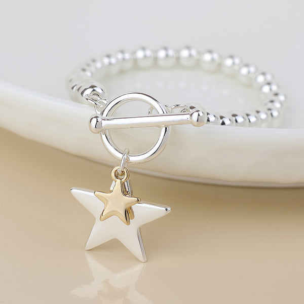 Peace of Mind Silver Plated and Golden Double Star Charm Bracelet