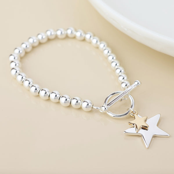 Peace of Mind Silver Plated and Golden Double Star Charm Bracelet