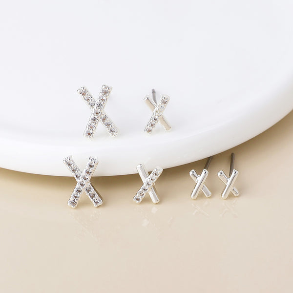 Peace of Mind Silver plated crystal detail triple x stud earrings