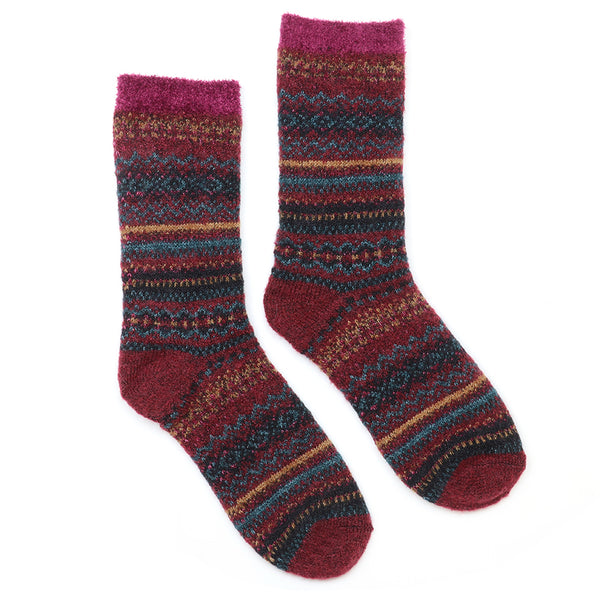 POM Peace Of Mind Finola burgundy/teal mix fair isle recycled blend cosy socks