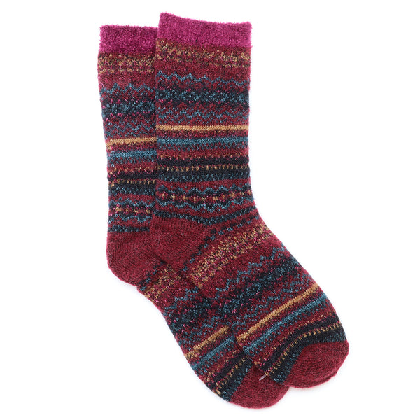 POM Peace Of Mind Finola burgundy/teal mix fair isle recycled blend cosy socks