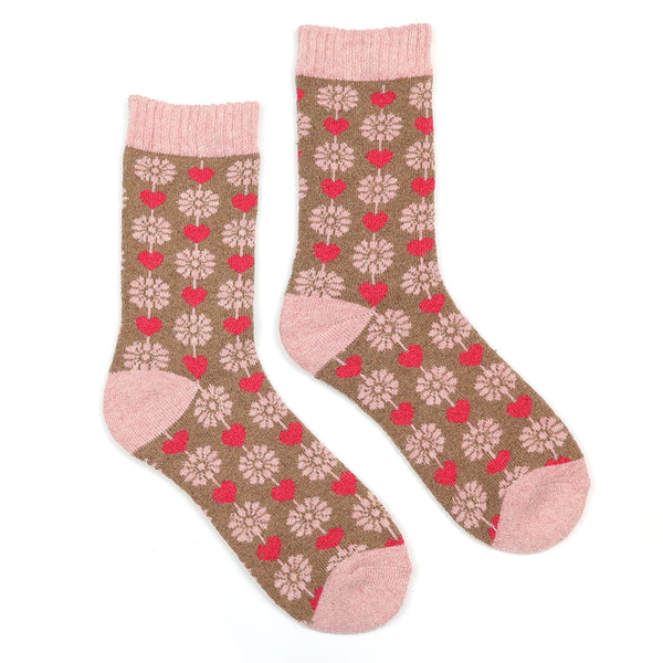 POM Peace Of Mind Pink and taupe flower and heart socks