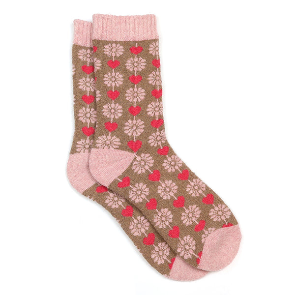 POM Peace Of Mind Pink and taupe flower and heart socks
