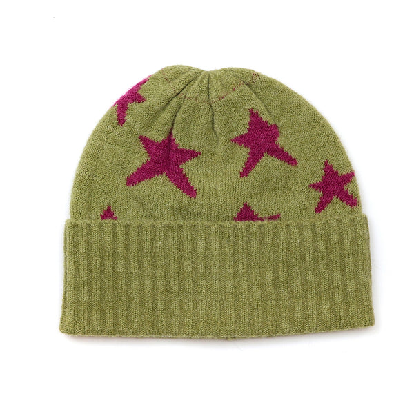 POM Peace Of Mind Estelle olive green beanie with magenta stars