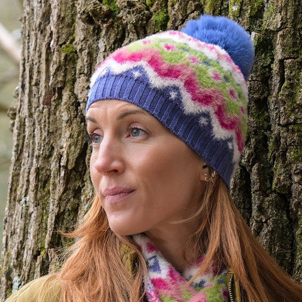 POM Peace Of Mind Imogen super soft blue,green,pink pattern knit bobble hat