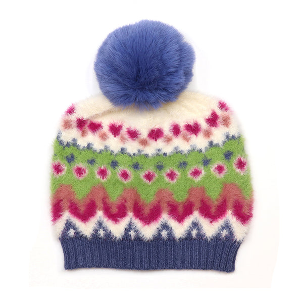 POM Peace Of Mind Imogen super soft blue,green,pink pattern knit bobble hat