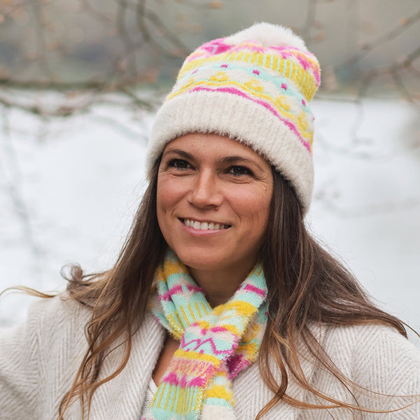 POM Peace Of Mind Mia cream and neon mix pattern knit bobble hat