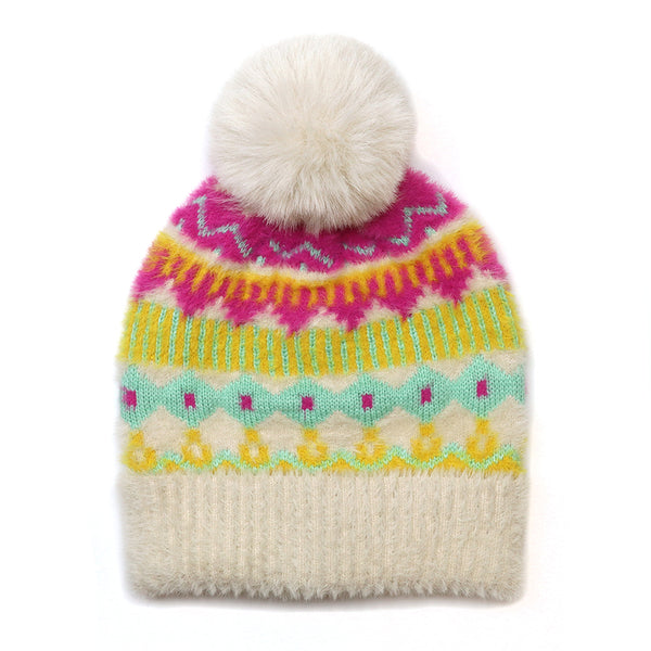 POM Peace Of Mind Mia cream and neon mix pattern knit bobble hat