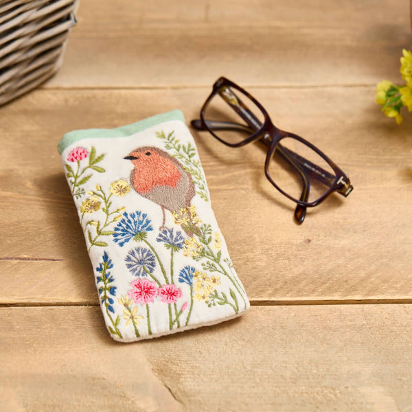 Velvet Glasses Case Robin & Flowers
