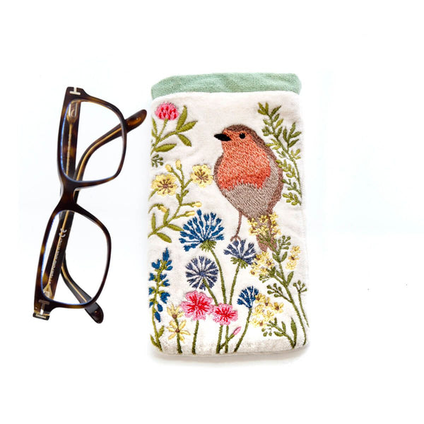 Velvet Glasses Case Robin & Flowers
