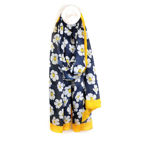 POM Peace of Mind Silky navy pansy print scarf with yellow border