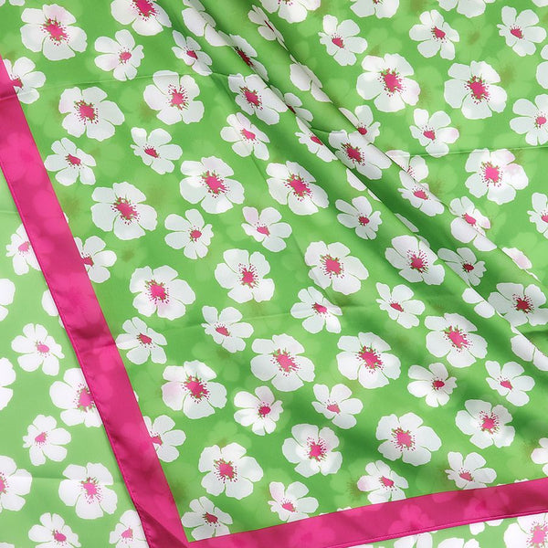 POM Peace of Mind Silky green pansy print scarf with pink border