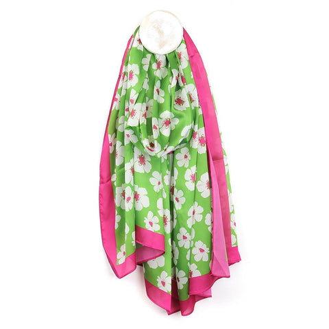 POM Peace of Mind Silky green pansy print scarf with pink border