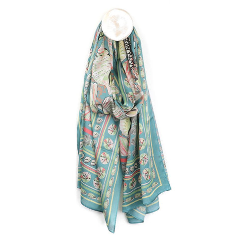 POM Peace of Mind Silky aqua and coral shell print scarf