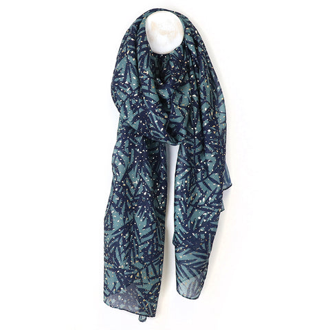 Peace Of Mind Recycled Teal Blue Leaf & Foil print Scarf