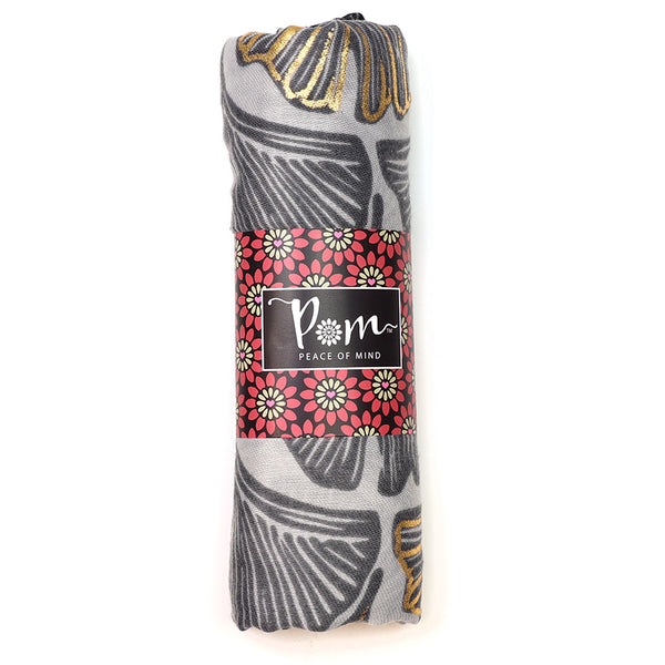 Peace Of Mind Grey and Gold mix Ginkgo Leaf print Scarf with border