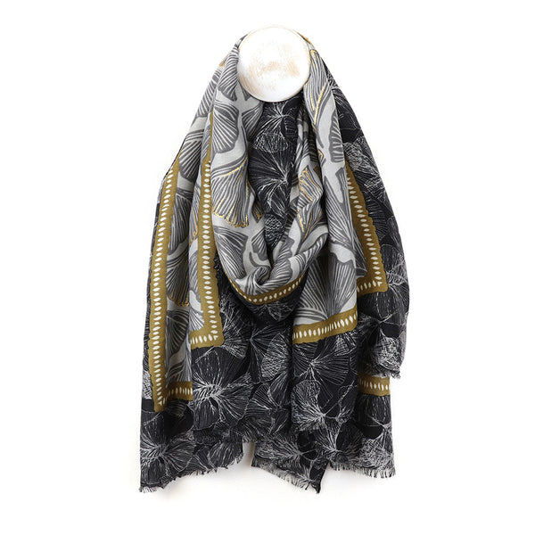 Peace Of Mind Grey and Gold mix Ginkgo Leaf print Scarf with border
