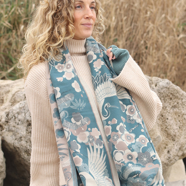 Peace Of Mind Teal Blue Crane Jacquard Scarf