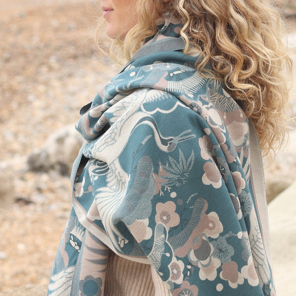 Peace Of Mind Teal Blue Crane Jacquard Scarf