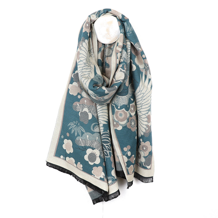 Peace Of Mind Teal Blue Crane Jacquard Scarf
