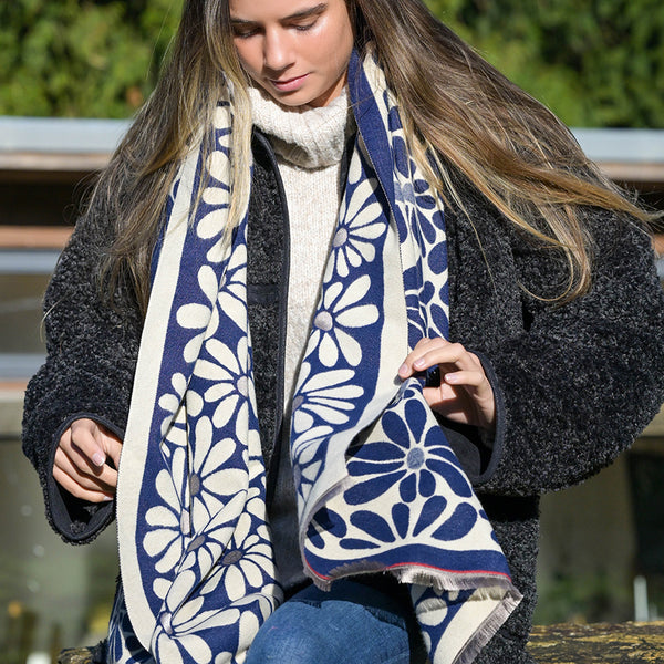 Peace Of Mind Navy Retro Daisy Jacquard Scarf