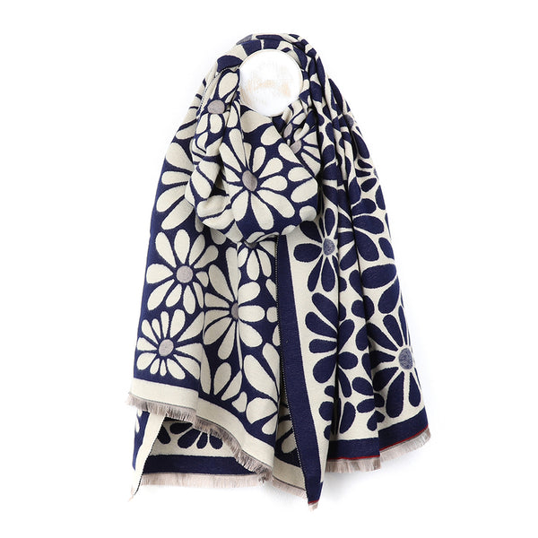 Peace Of Mind Navy Retro Daisy Jacquard Scarf