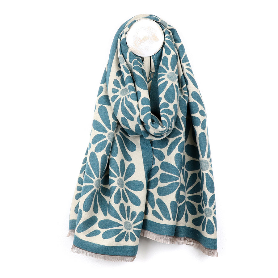 Peace Of Mind Teal Retro Daisy Jacquard Scarf