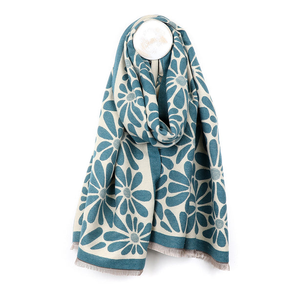 Peace Of Mind Teal Retro Daisy Jacquard Scarf
