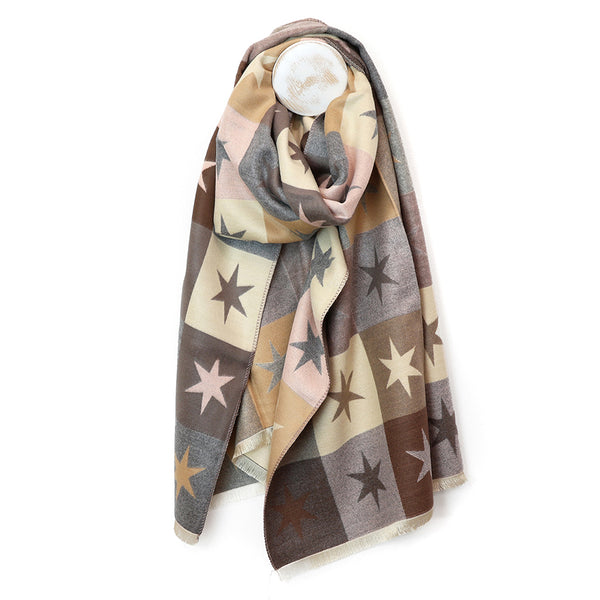 POM Peace Of Mind Shona taupe and pink mix chequerboard stars reversible scarf