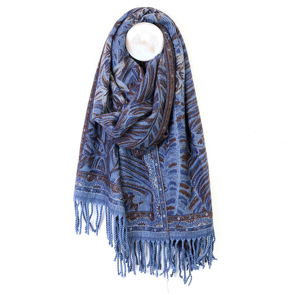 POM Peace Of Mind Celia blue and brown mix reversible ornate fern leaf scarf