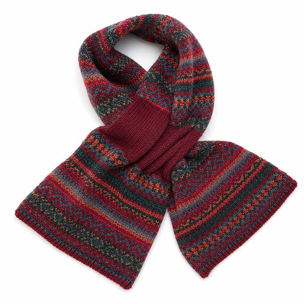 POM Peace Of Mind Finola burgundy/teal mix fair isle patterned fine knit scarf