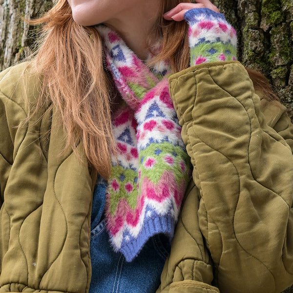 POM Peace Of Mind Imogen lime and pink fluffy patterned pull through scarf