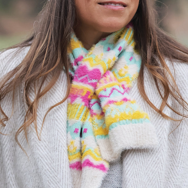 POM Peace Of Mind Mia cream/yellow/pink fluffy patterned pull through scarf