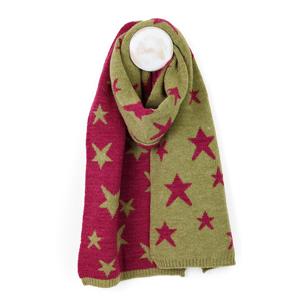 POM Peace Of Mind Estelle olive and magenta reversible star scarf