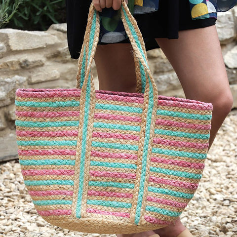 POM Peace of Mind Pink and aqua recycled paper and jute bag