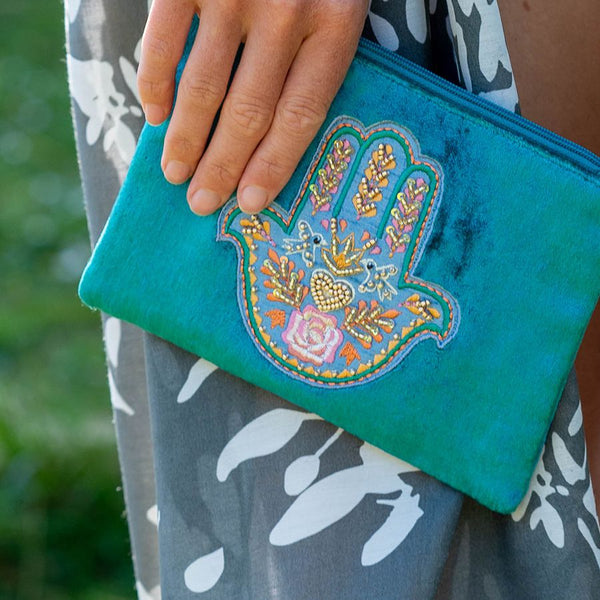 POM Teal velvet embroidered hand purse