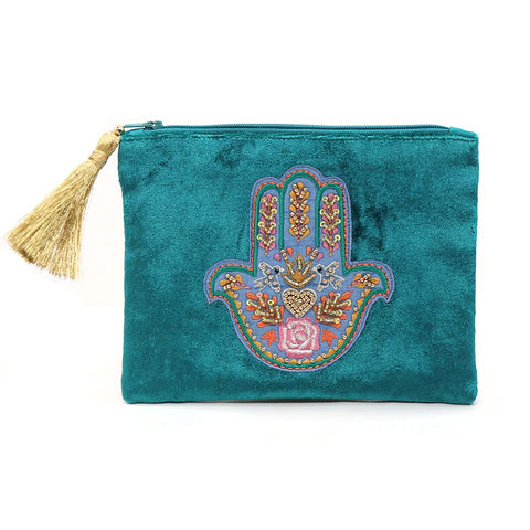 POM Teal velvet embroidered hand purse