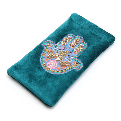 POM Teal velvet embroidered hand glasses pouch