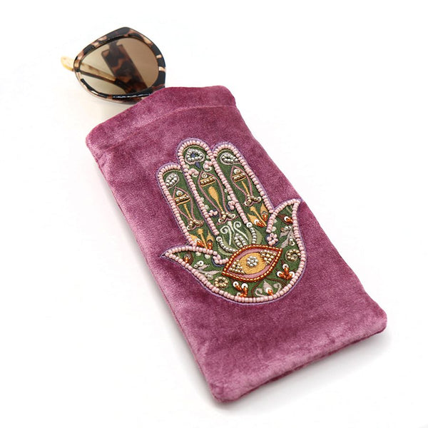 POM Pink velvet embroidered hand glasses pouch