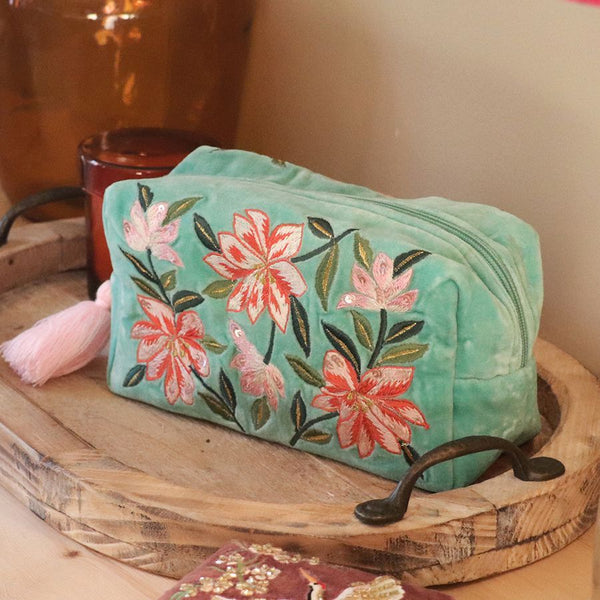 POM Peace of Mind Turquoise velvet embroidered lily make-up bag