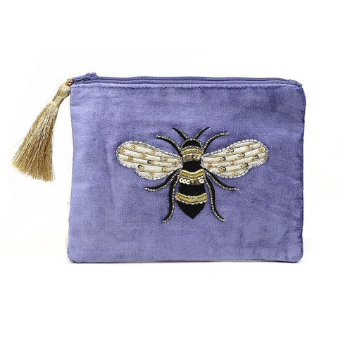 POM Blue velvet embroidered bee hand purse