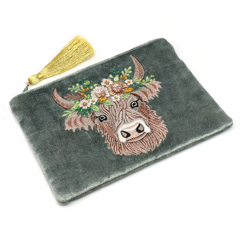 POM Seafoam Velvet Embroidered Zip Purse Highland Cow