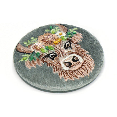 POM Seafoam Velvet Embroidered Highland Cow Compact Mirror