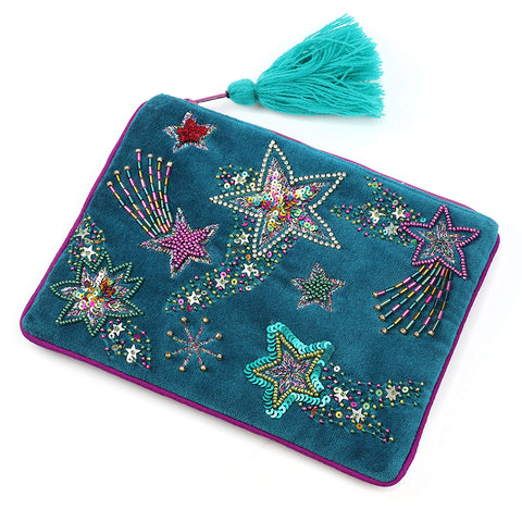 POM Teal Velvet Embroidered Zip Purse Shooting Stars