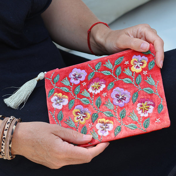 POM Coral Velvet Embroidered Pansies Zip Purse