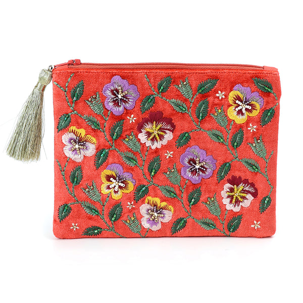 POM Coral Velvet Embroidered Pansies Zip Purse