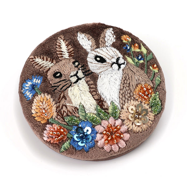 POM Cocoa Velvet Embroidered Bunnies Compact Mirror