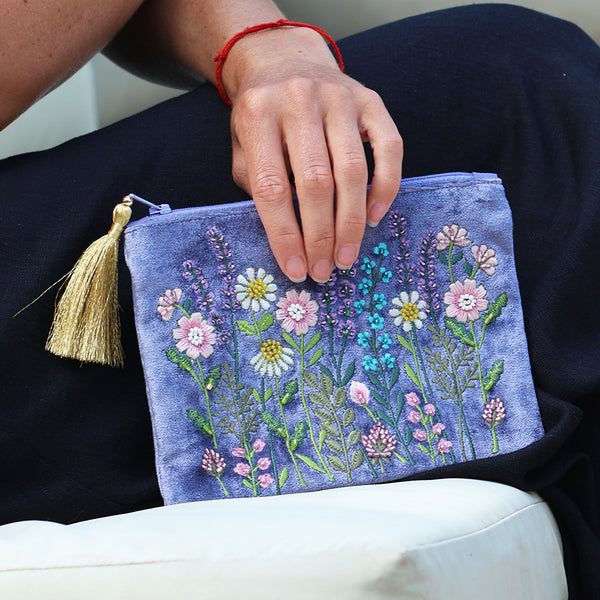 POM Violet Blue Velvet Embroidered Meadow Zip Purse