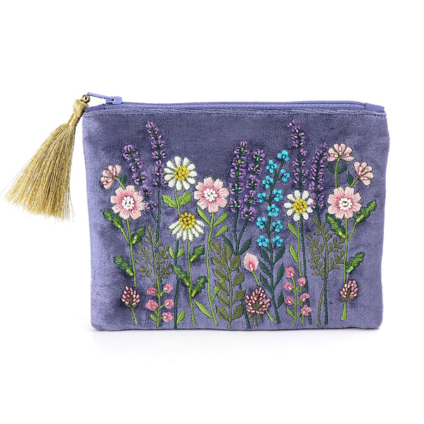 POM Violet Blue Velvet Embroidered Meadow Zip Purse